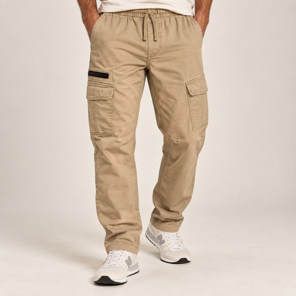 Iron Co Mens Khaki Tan Elastic Waist Cargo Pants Size Medium Drawstring Utility